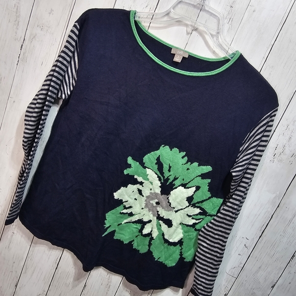J. Jill Women's Blue Green Floral, Striped Sleeves Cotton Blend Sweater Size SP. - Picture 2 of 6